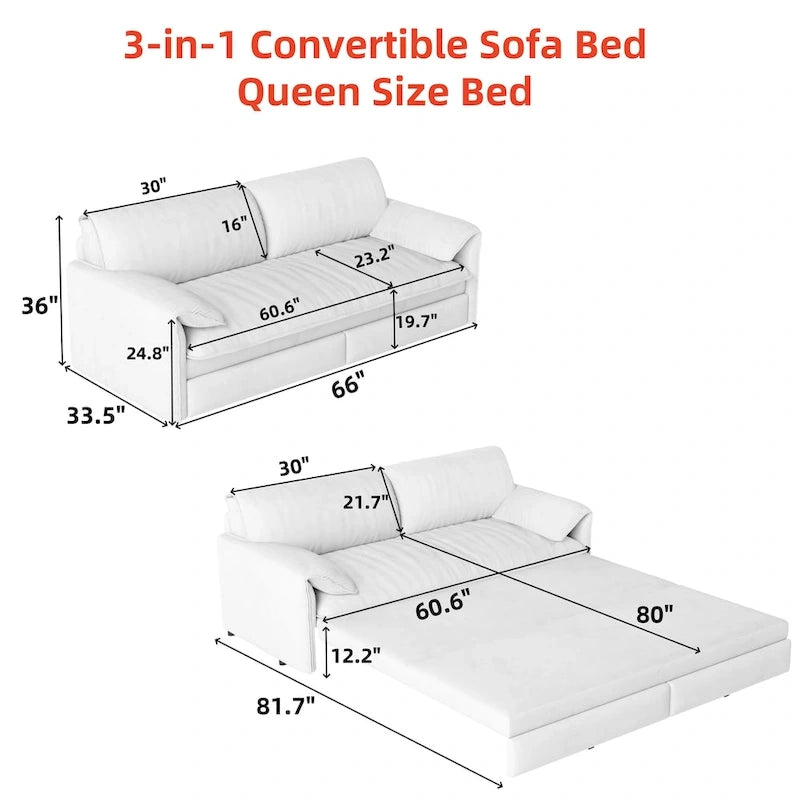 Canapé-lit convertible 3 en 1 avec rangement latéral, canapé-lit escamotable Queen de 168 cm, lit causeuse en velours