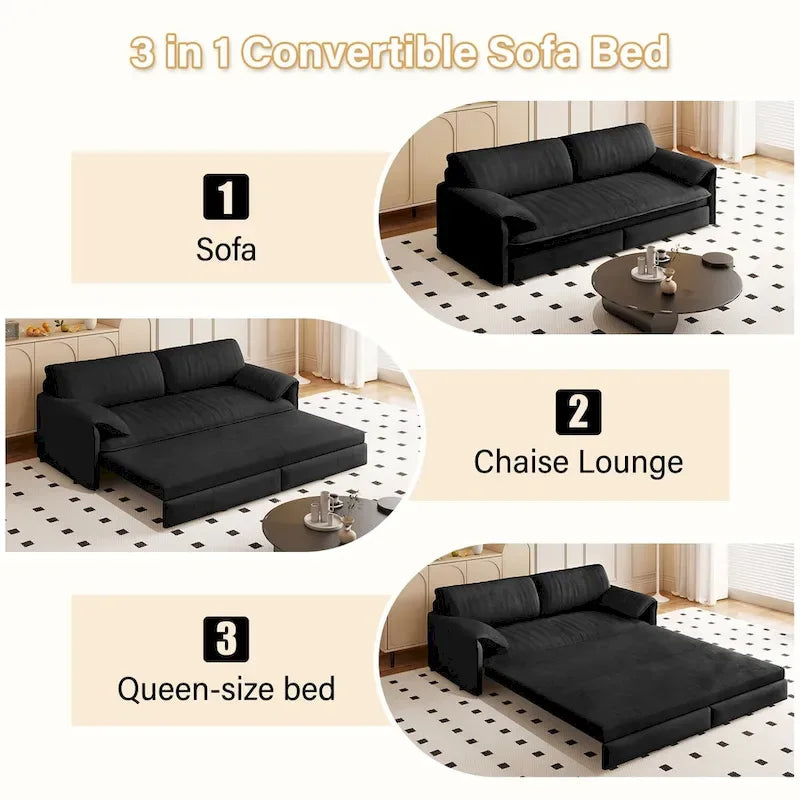 Canapé-lit convertible 3 en 1 avec rangement latéral, canapé-lit escamotable Queen de 168 cm, lit causeuse en velours