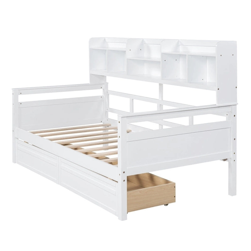 Lit de repos double avec tiroirs de rangement et étagères, cadre en bois massif
