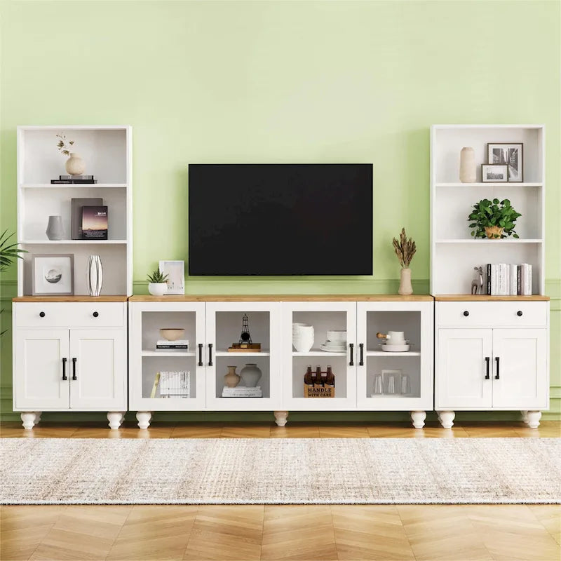 Meuble TV avec étagères et portes en verre trempé, Centre de divertissement avec étagères réglables pour téléviseurs jusqu'à 70 pouces