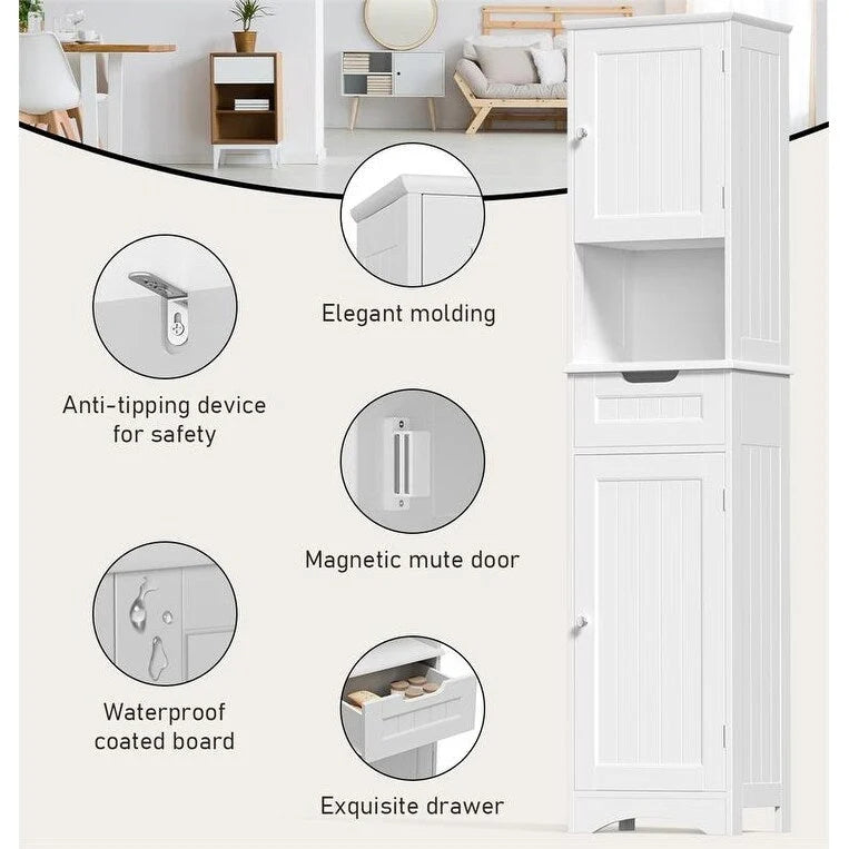 Meuble de Salle de Bain Haut de 170 cm, Colonne de Rangement Étroite avec 2 Portes et Tiroir
