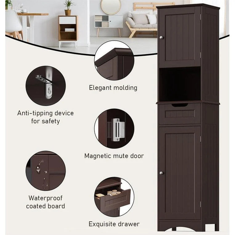 Meuble de Salle de Bain Haut de 170 cm, Colonne de Rangement Étroite avec 2 Portes et Tiroir