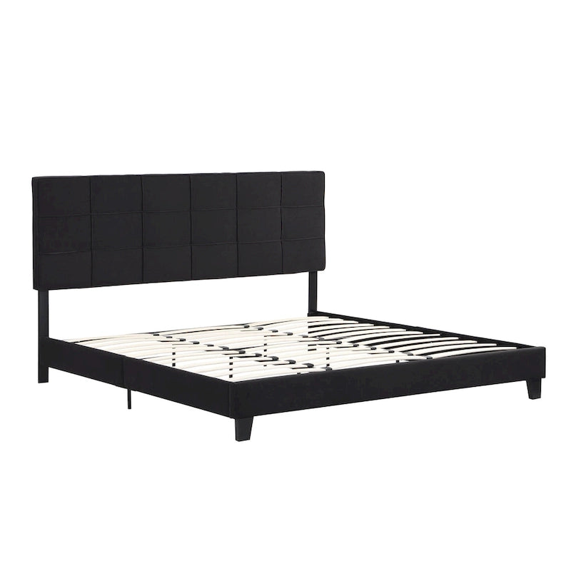 Lit plateforme tapissier King noir avec tête de lit capitonnée et lattes en bois – aucun sommier tapissier requis