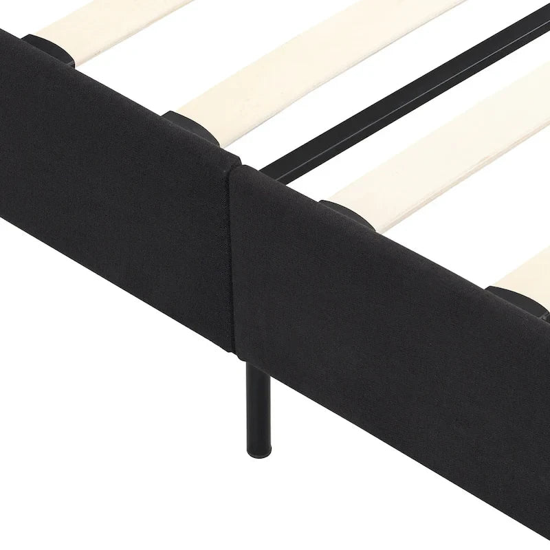 Lit plateforme tapissier King noir avec tête de lit capitonnée et lattes en bois – aucun sommier tapissier requis