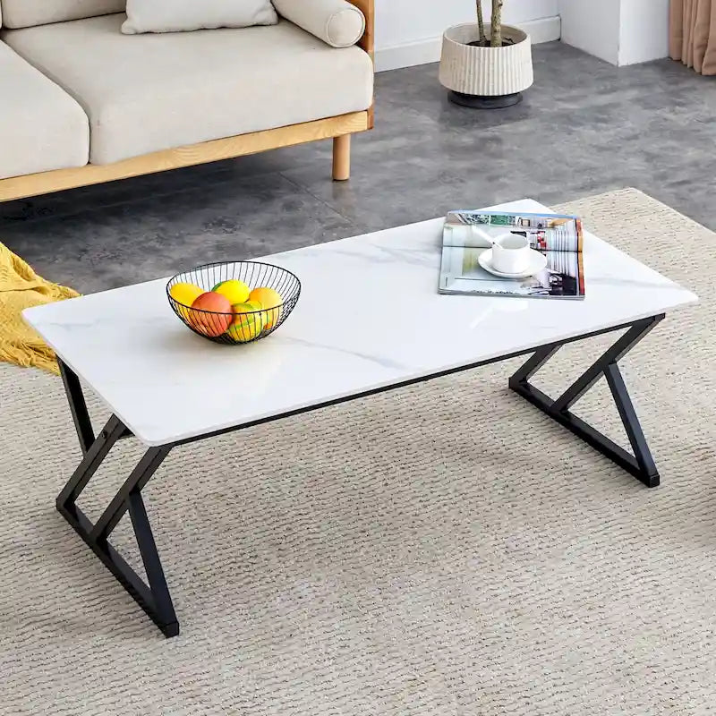Table basse rectangulaire moderne 47 avec plateau en pierre frittée et pieds en métal en forme de X