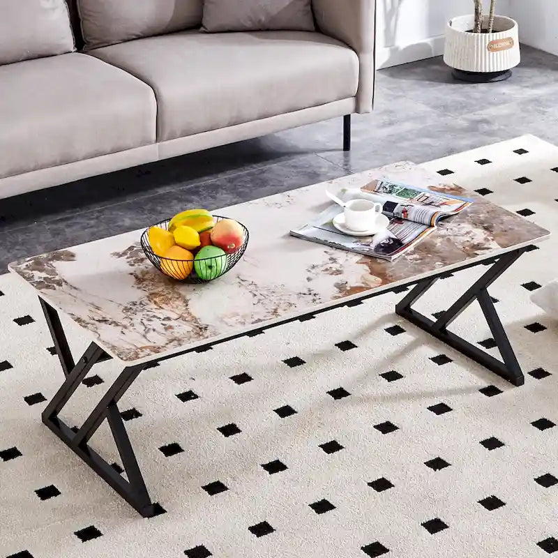 Table basse rectangulaire moderne 47 avec plateau en pierre frittée et pieds en métal en forme de X