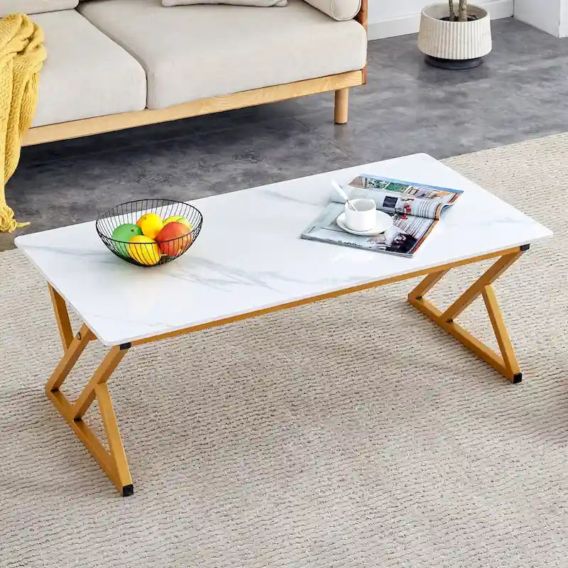 Table basse rectangulaire moderne 47 avec plateau en pierre frittée et pieds en métal en forme de X