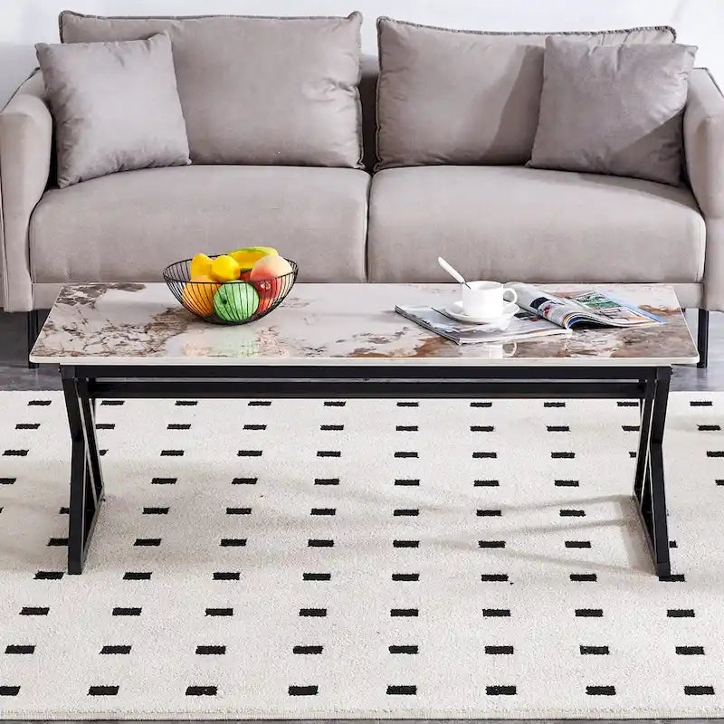 Table basse rectangulaire moderne 47 avec plateau en pierre frittée et pieds en métal en forme de X