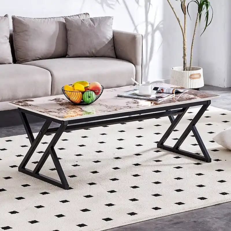 Table basse rectangulaire moderne 47 avec plateau en pierre frittée et pieds en métal en forme de X