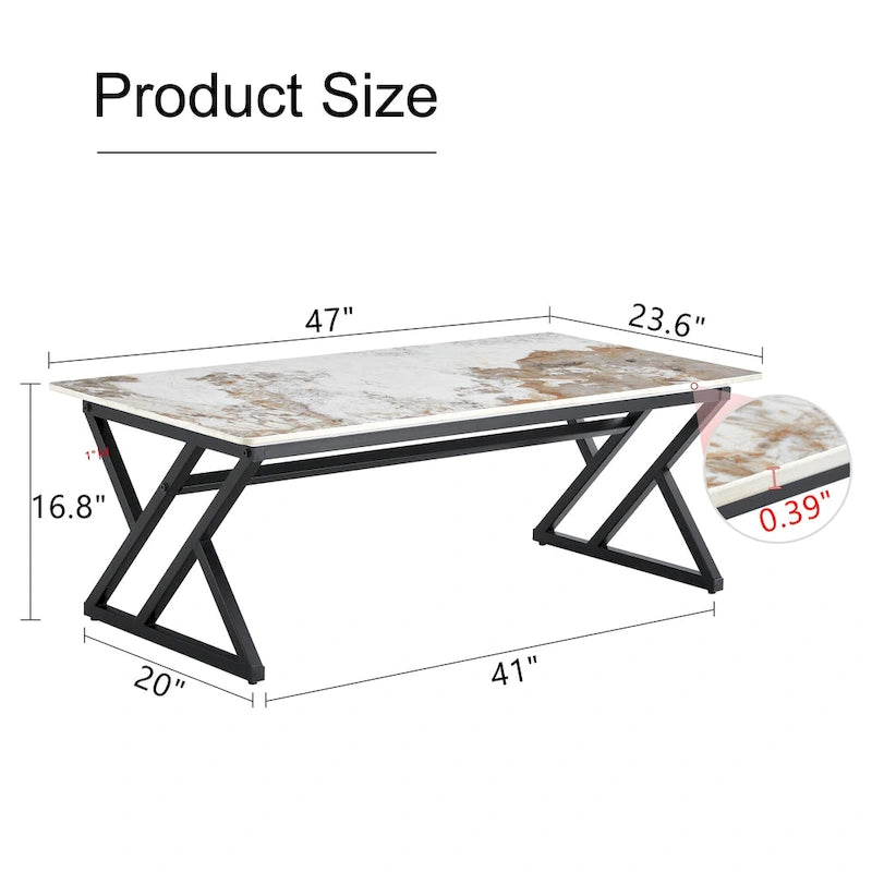 Table basse rectangulaire moderne 47 avec plateau en pierre frittée et pieds en métal en forme de X