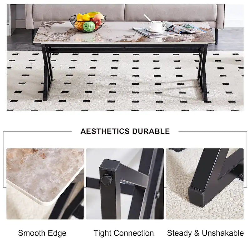Table basse rectangulaire moderne 47 avec plateau en pierre frittée et pieds en métal en forme de X