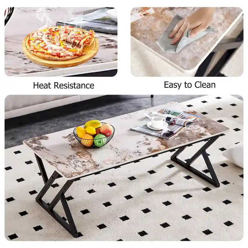 Table basse rectangulaire moderne 47 avec plateau en pierre frittée et pieds en métal en forme de X
