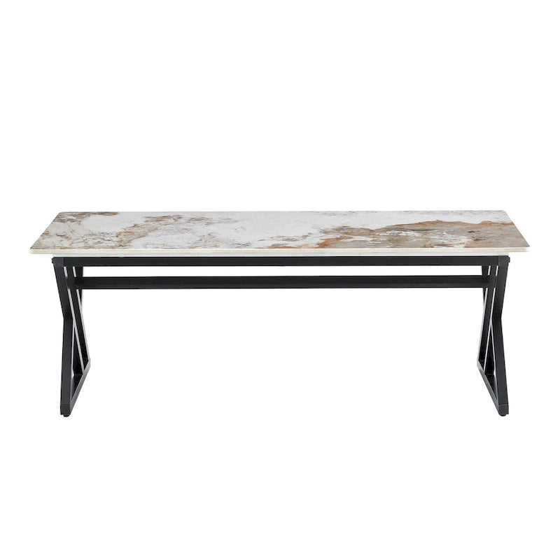 Table basse rectangulaire moderne 47 avec plateau en pierre frittée et pieds en métal en forme de X