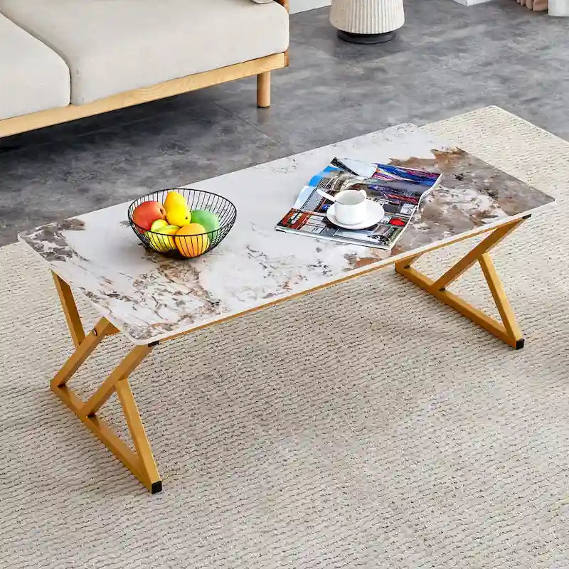 Table basse rectangulaire moderne 47 avec plateau en pierre frittée et pieds en métal en forme de X