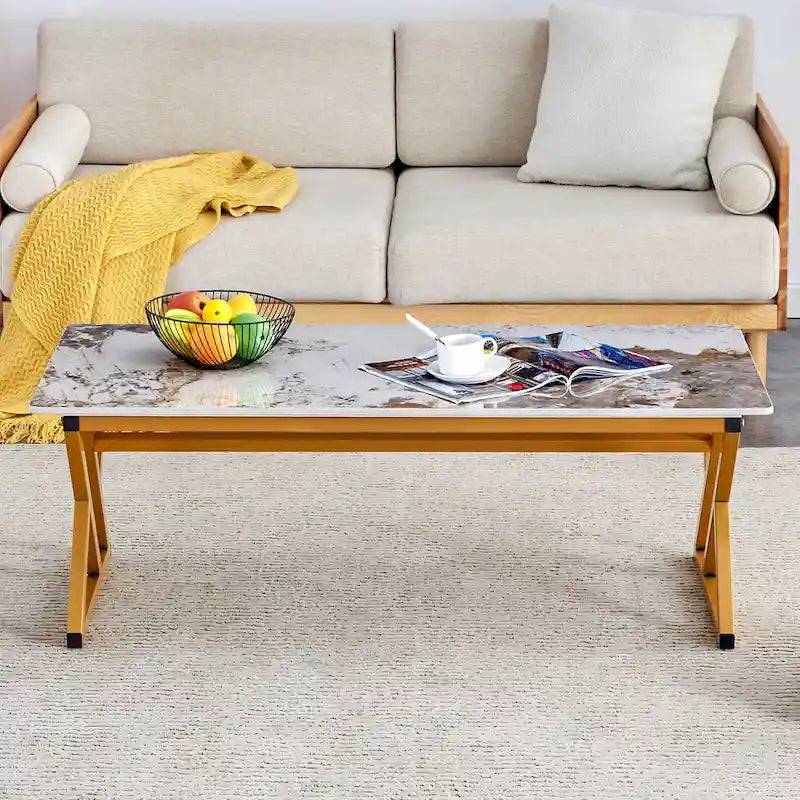Table basse rectangulaire moderne 47 avec plateau en pierre frittée et pieds en métal en forme de X