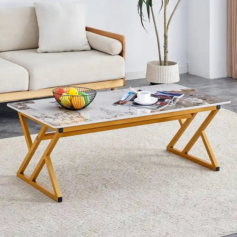 Table basse rectangulaire moderne 47 avec plateau en pierre frittée et pieds en métal en forme de X