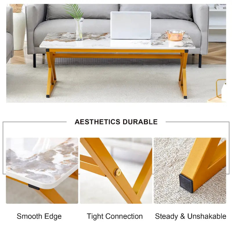 Table basse rectangulaire moderne 47 avec plateau en pierre frittée et pieds en métal en forme de X