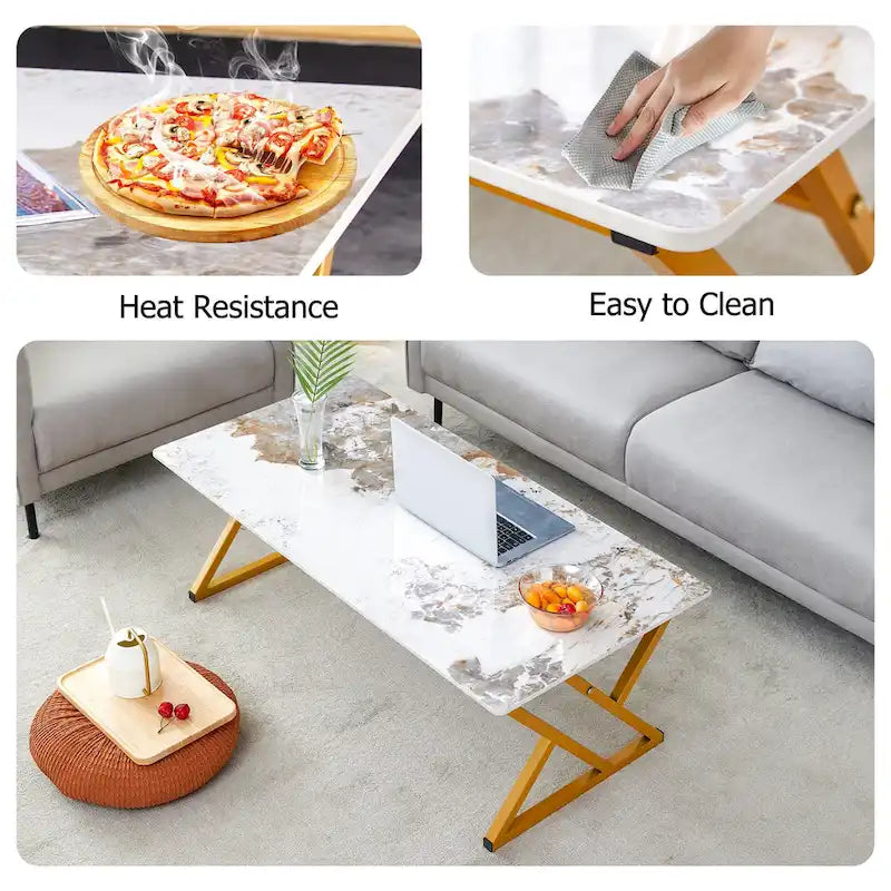 Table basse rectangulaire moderne 47 avec plateau en pierre frittée et pieds en métal en forme de X