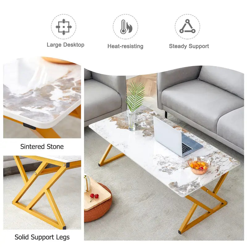 Table basse rectangulaire moderne 47 avec plateau en pierre frittée et pieds en métal en forme de X