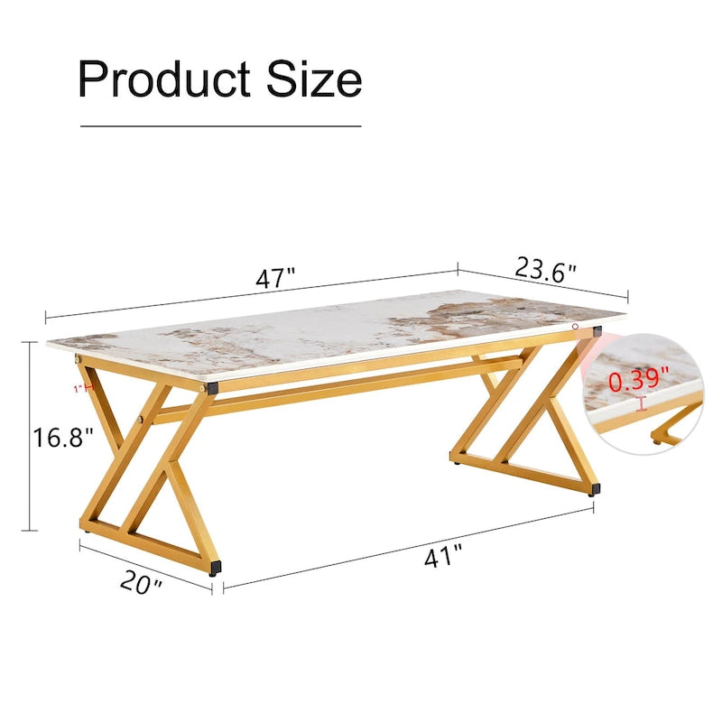 Table basse rectangulaire moderne 47 avec plateau en pierre frittée et pieds en métal en forme de X