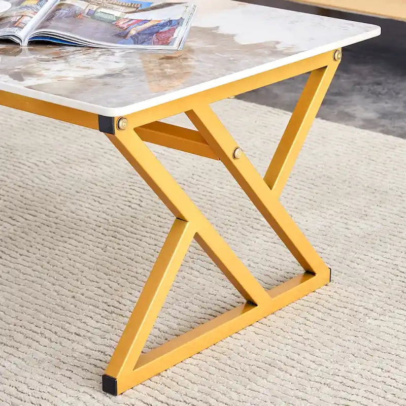 Table basse rectangulaire moderne 47 avec plateau en pierre frittée et pieds en métal en forme de X