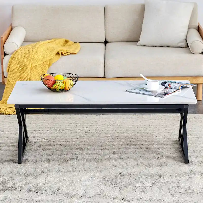 Table basse rectangulaire moderne 47 avec plateau en pierre frittée et pieds en métal en forme de X