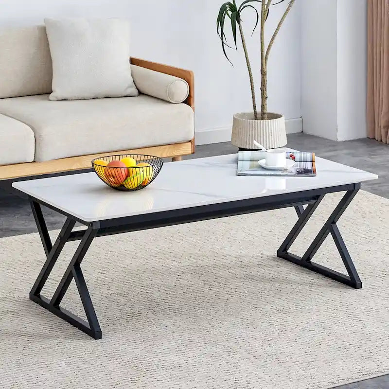 Table basse rectangulaire moderne 47 avec plateau en pierre frittée et pieds en métal en forme de X