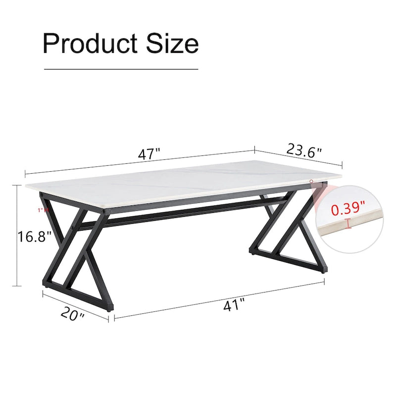Table basse rectangulaire moderne 47 avec plateau en pierre frittée et pieds en métal en forme de X