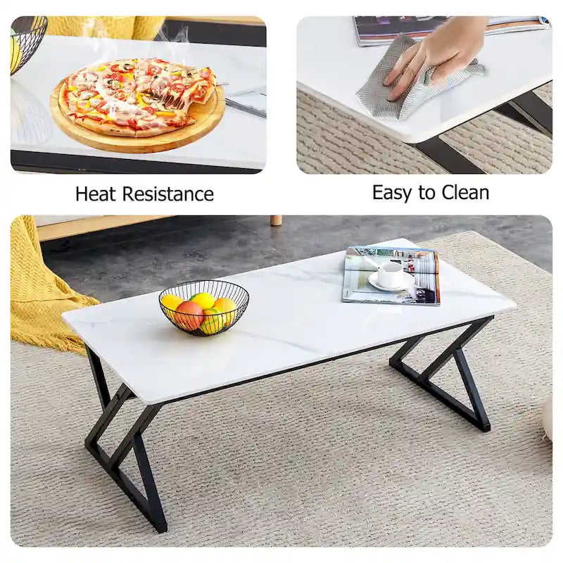 Table basse rectangulaire moderne 47 avec plateau en pierre frittée et pieds en métal en forme de X