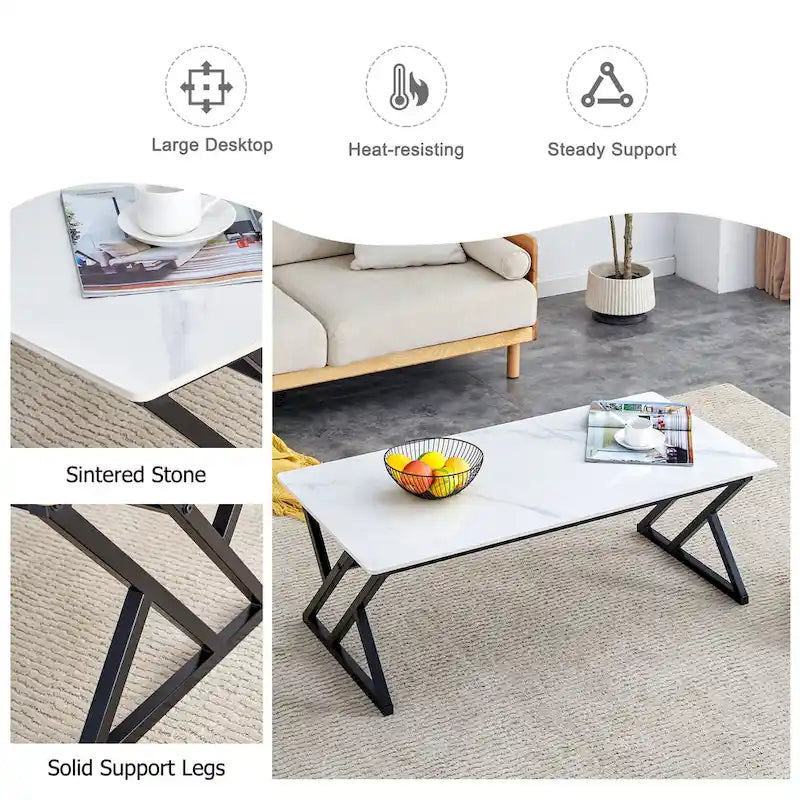Table basse rectangulaire moderne 47 avec plateau en pierre frittée et pieds en métal en forme de X