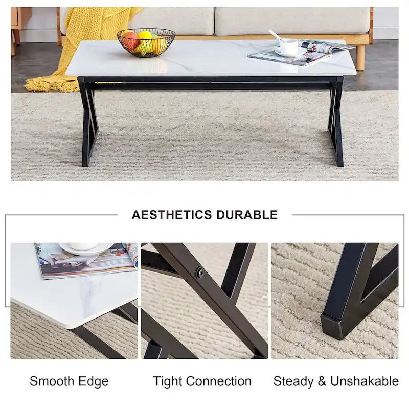 Table basse rectangulaire moderne 47 avec plateau en pierre frittée et pieds en métal en forme de X