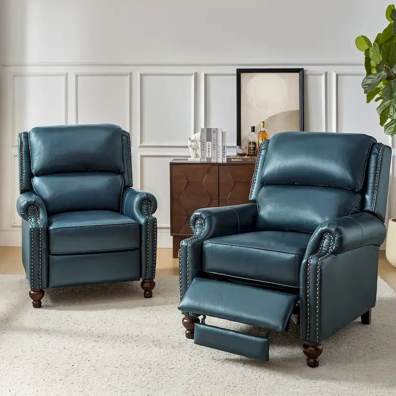 Ensemble de 2 fauteuils inclinables en cuir véritable de style Mid-Century Modern avec clous décoratifs