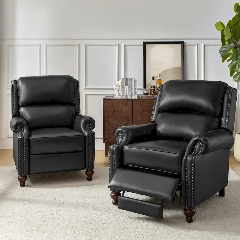 Ensemble de 2 fauteuils inclinables en cuir véritable de style Mid-Century Modern avec clous décoratifs