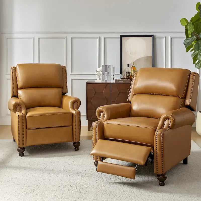 Ensemble de 2 fauteuils inclinables en cuir véritable de style Mid-Century Modern avec clous décoratifs