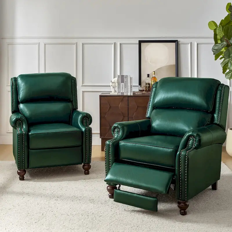 Ensemble de 2 fauteuils inclinables en cuir véritable de style Mid-Century Modern avec clous décoratifs