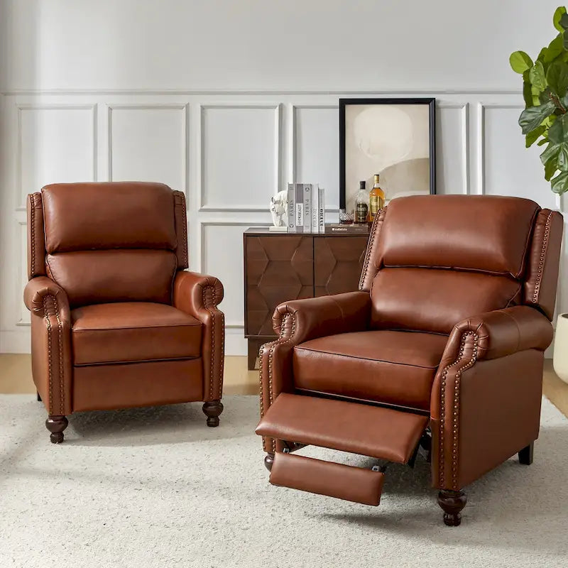 Ensemble de 2 fauteuils inclinables en cuir véritable de style Mid-Century Modern avec clous décoratifs