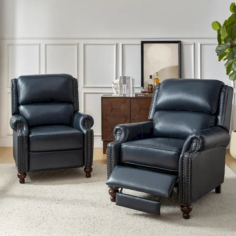 Ensemble de 2 fauteuils inclinables en cuir véritable de style Mid-Century Modern avec clous décoratifs