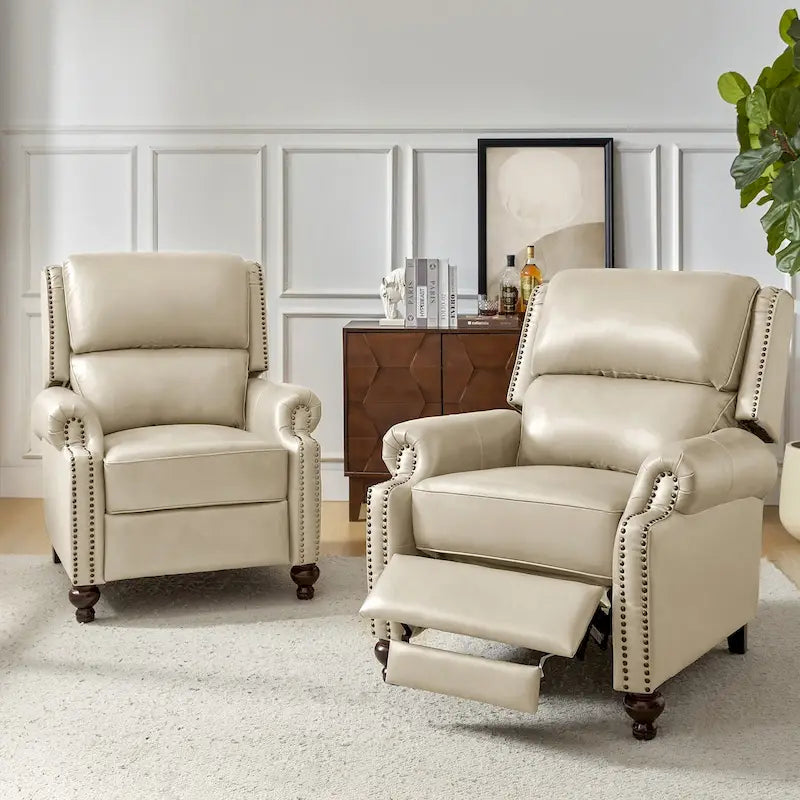 Ensemble de 2 fauteuils inclinables en cuir véritable de style Mid-Century Modern avec clous décoratifs