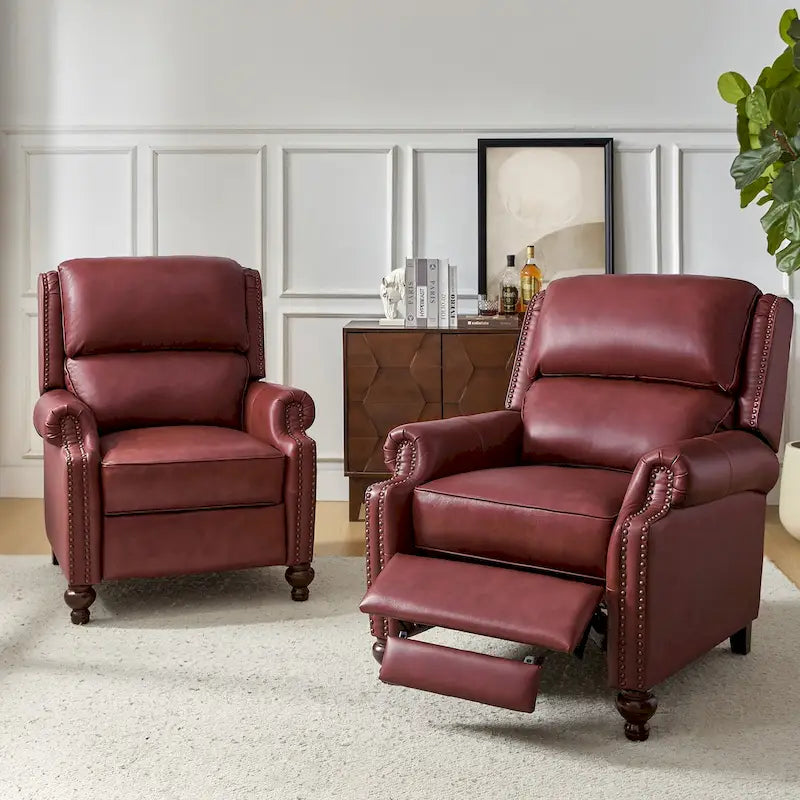 Ensemble de 2 fauteuils inclinables en cuir véritable de style Mid-Century Modern avec clous décoratifs