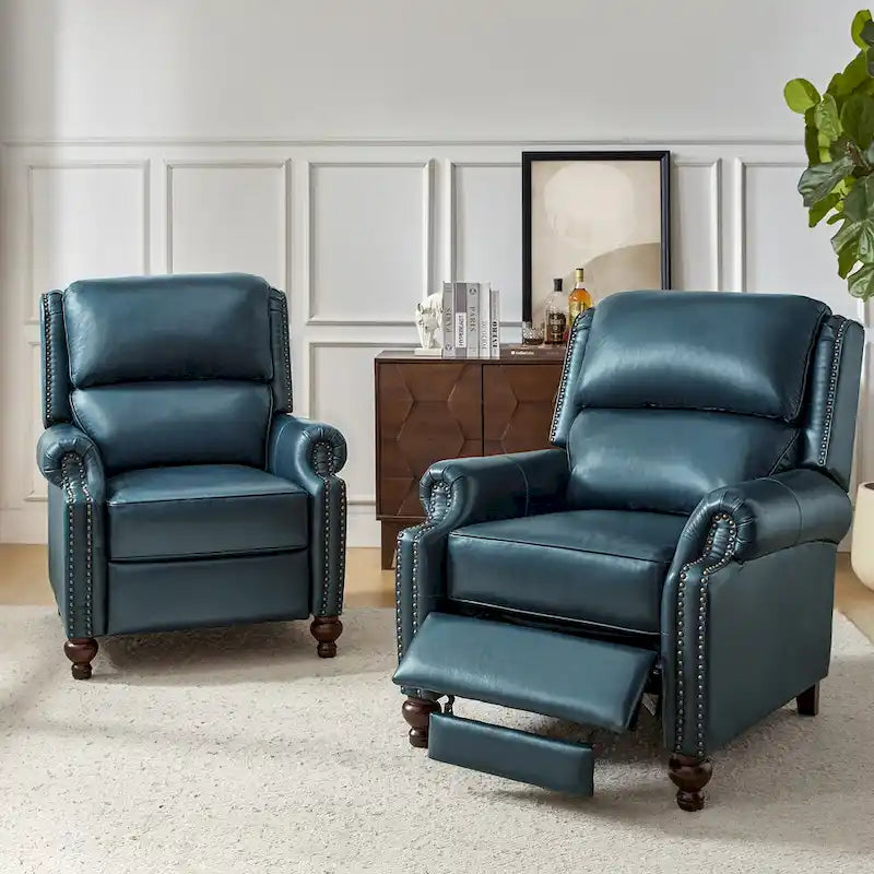 Ensemble de 2 fauteuils inclinables en cuir véritable de style Mid-Century Modern avec clous décoratifs