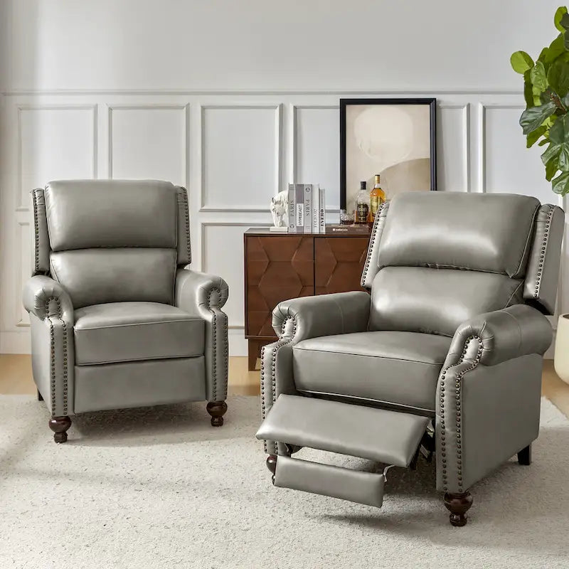 Ensemble de 2 fauteuils inclinables en cuir véritable de style Mid-Century Modern avec clous décoratifs