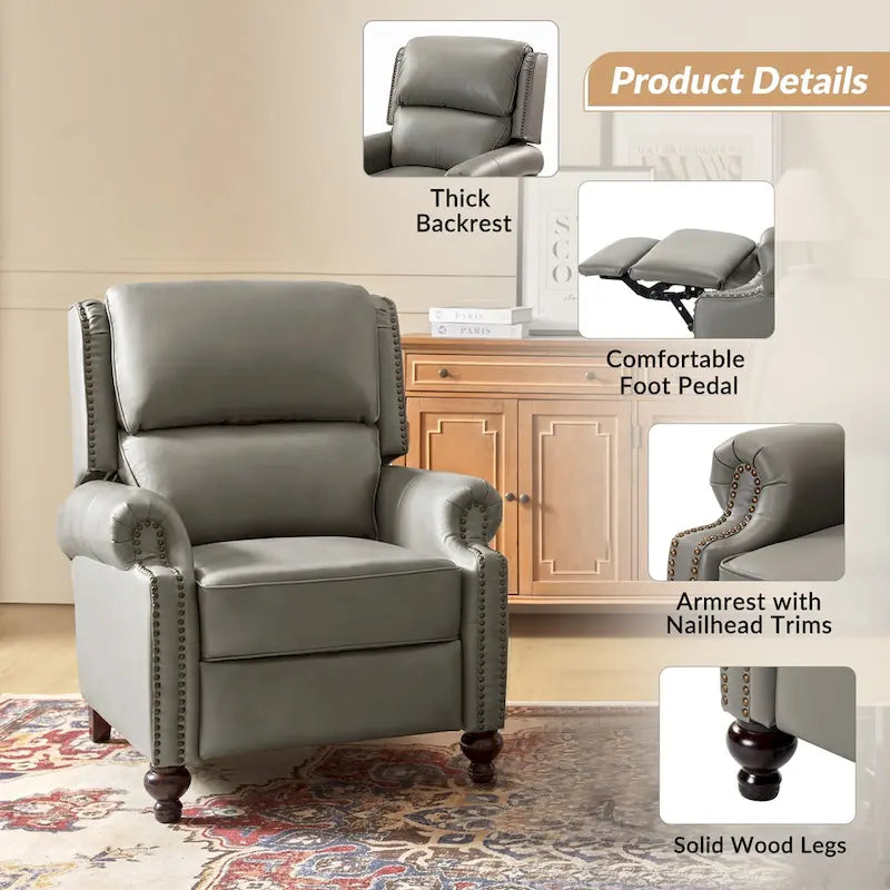 Ensemble de 2 fauteuils inclinables en cuir véritable de style Mid-Century Modern avec clous décoratifs