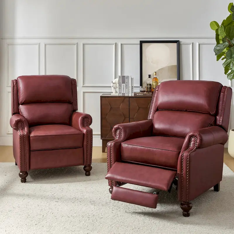 Ensemble de 2 fauteuils inclinables en cuir véritable de style Mid-Century Modern avec clous décoratifs