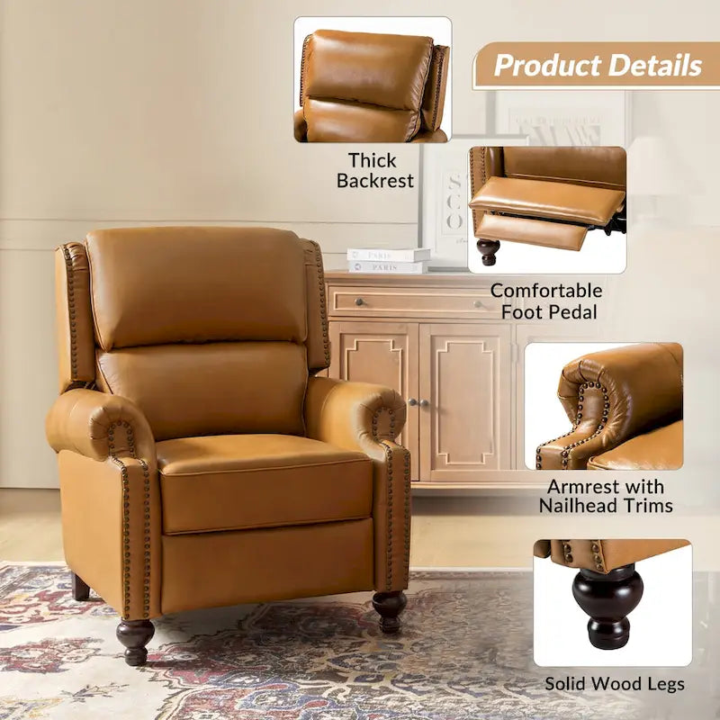 Ensemble de 2 fauteuils inclinables en cuir véritable de style Mid-Century Modern avec clous décoratifs