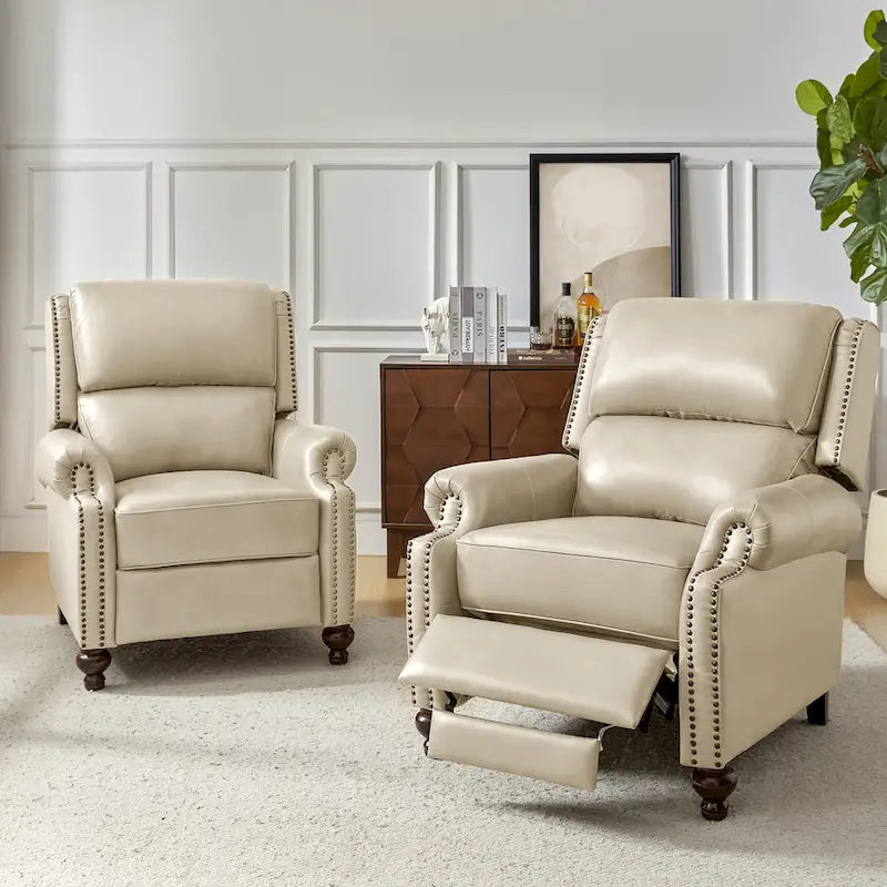 Ensemble de 2 fauteuils inclinables en cuir véritable de style Mid-Century Modern avec clous décoratifs