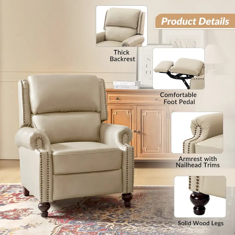 Ensemble de 2 fauteuils inclinables en cuir véritable de style Mid-Century Modern avec clous décoratifs