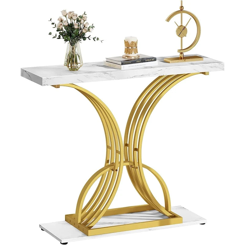 Console moderne dorée avec plateau en marbre pour entrée ou couloir