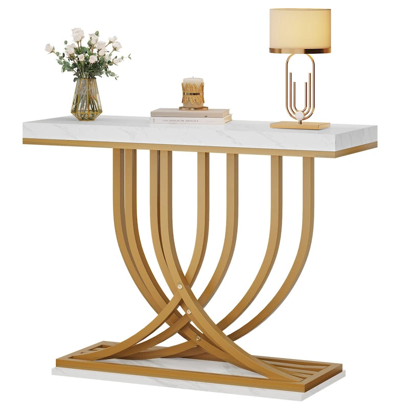 Console moderne dorée avec plateau en marbre pour entrée ou couloir