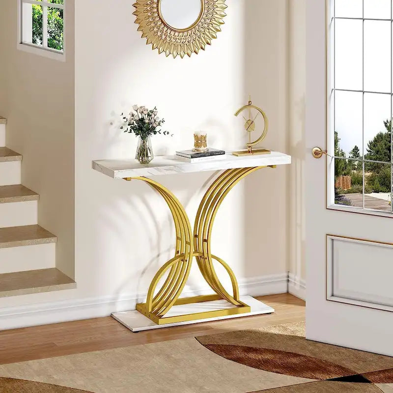Console moderne dorée avec plateau en marbre pour entrée ou couloir