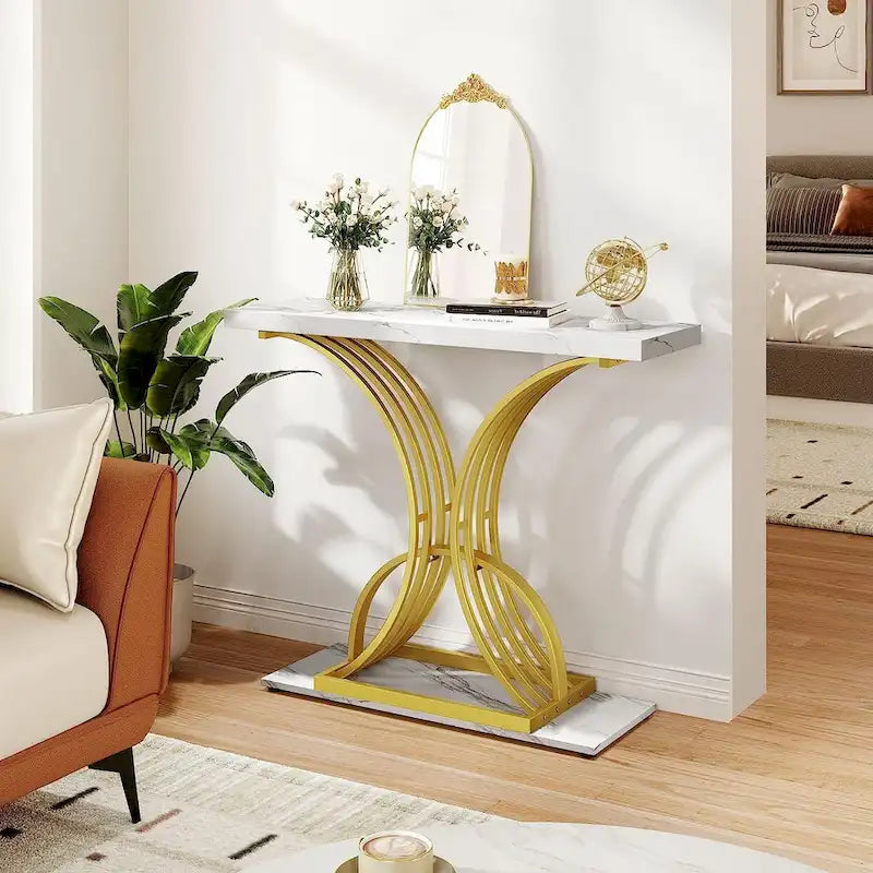 Console moderne dorée avec plateau en marbre pour entrée ou couloir